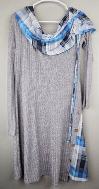 Dressfo Women's XXL 2XL Soft Gray Dress Tunic Blue & White Plaid Cowl Neck